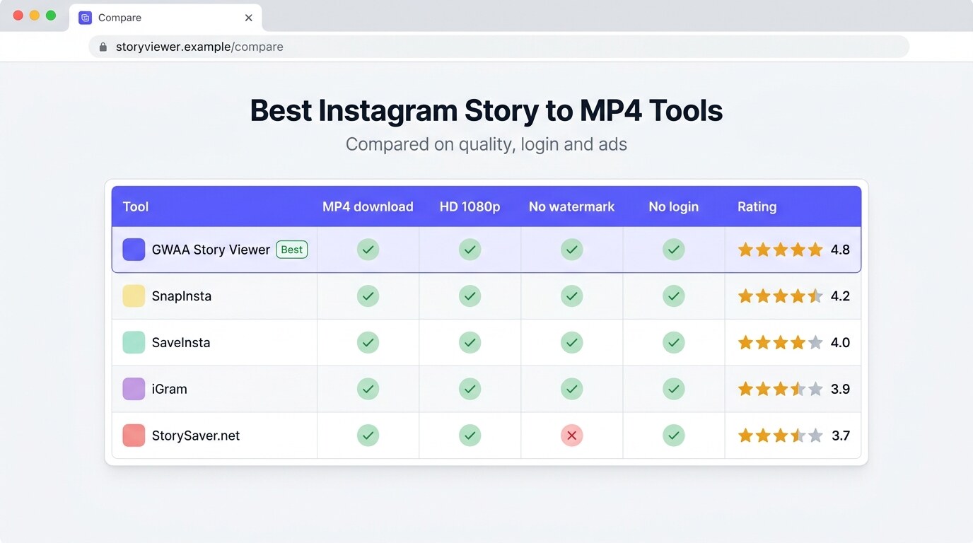 A comparison table of the best Instagram story-to-MP4 tools with ticks, crosses and ratings