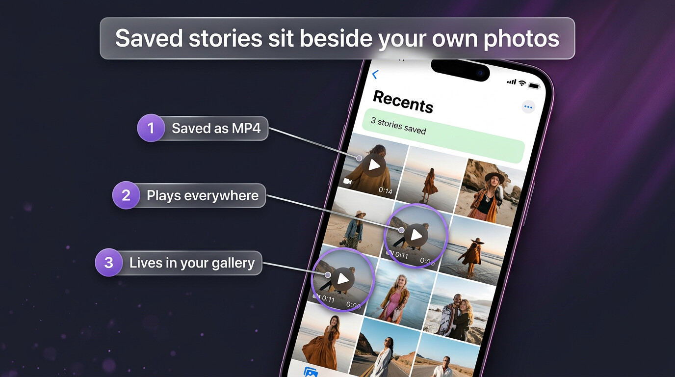A phone gallery showing saved Instagram video stories as MP4 files with play badges