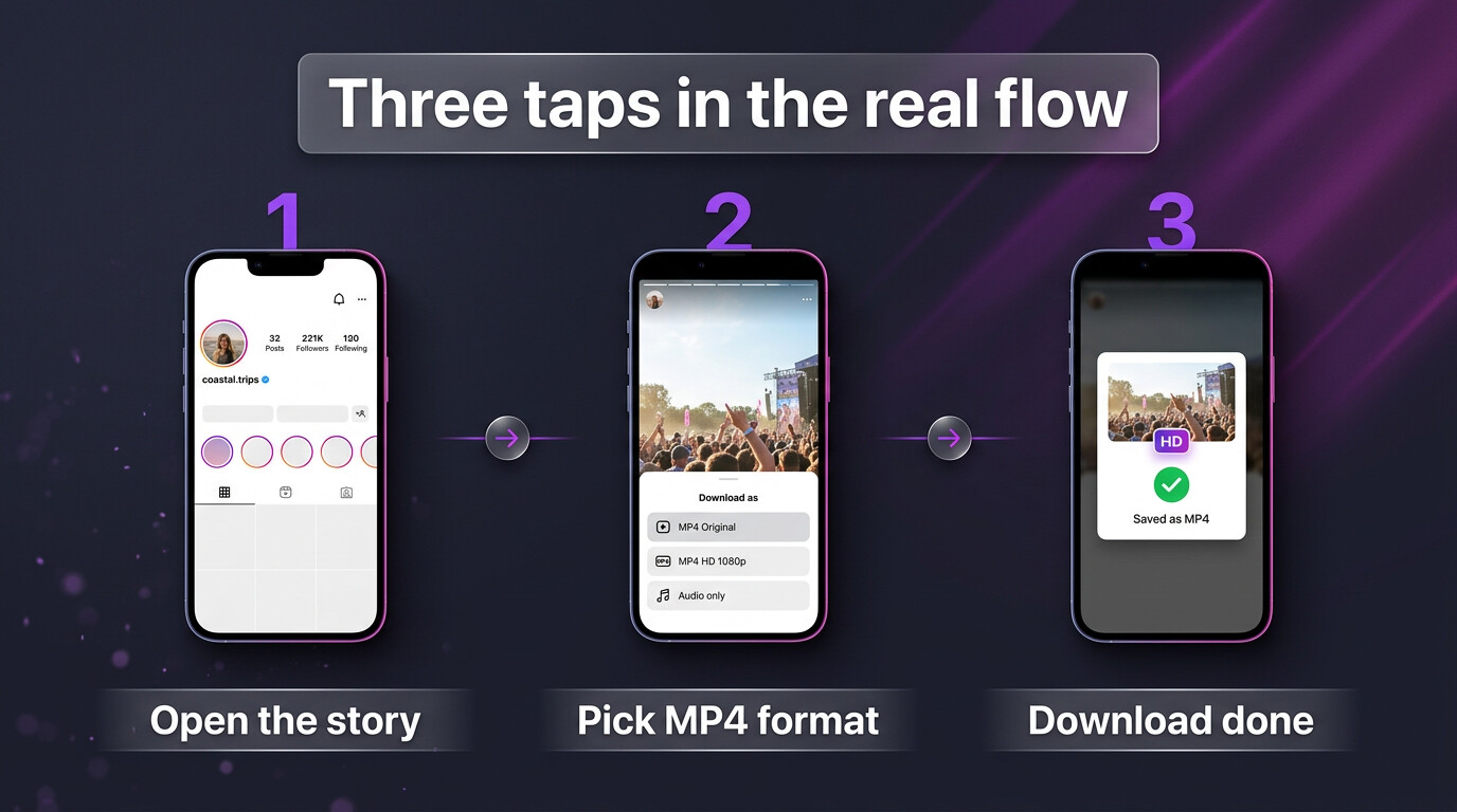 A three-step card explaining how to save a story as MP4: paste username, open story, download