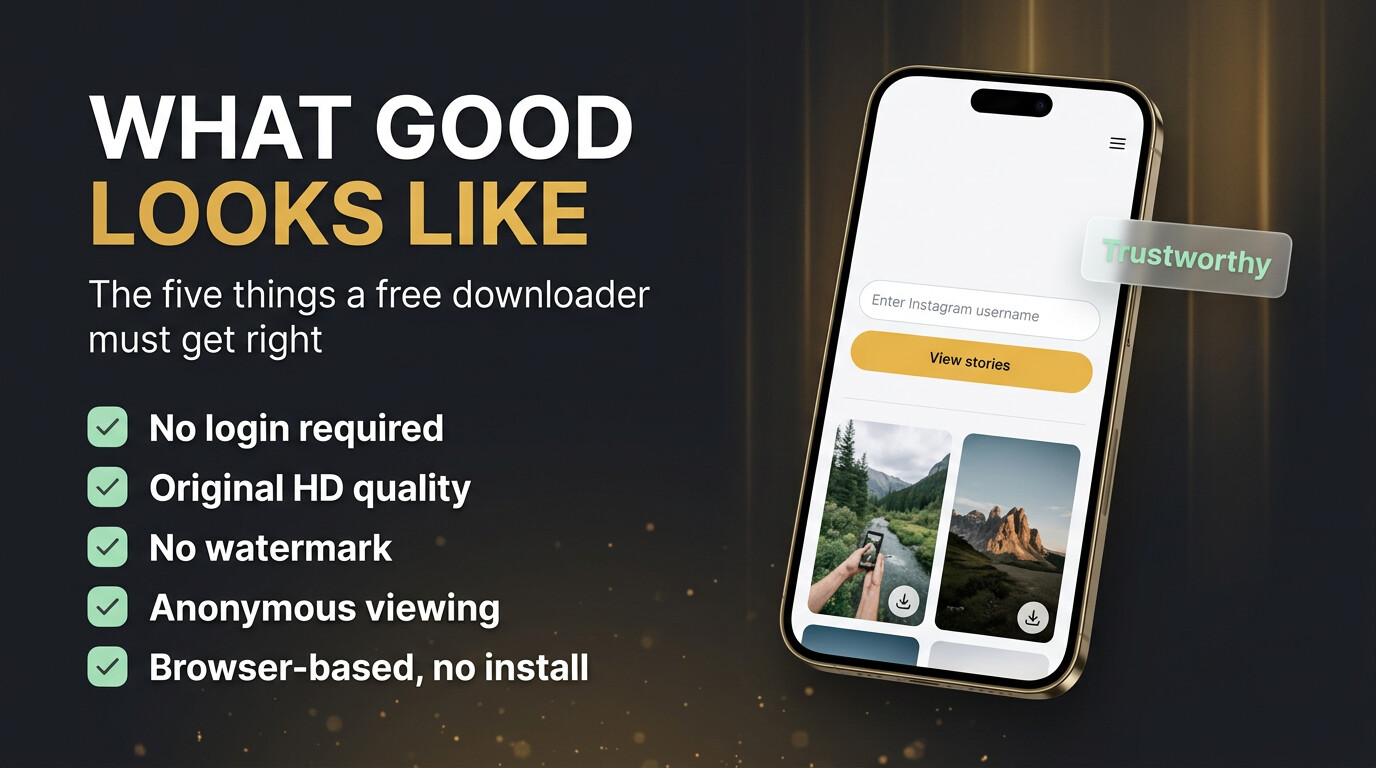 A clean, trustworthy free Instagram story downloader web app with a username field and download buttons