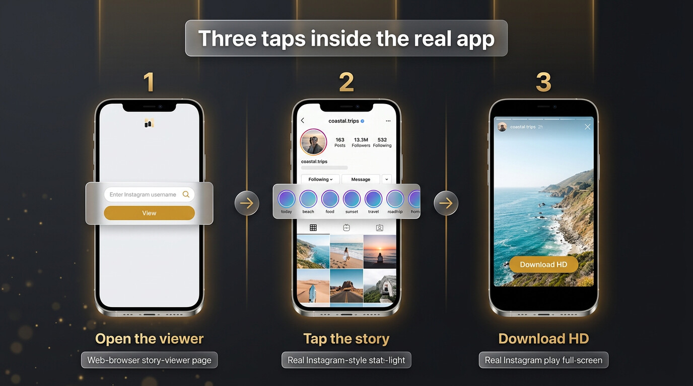 A three-step how-to card: paste username, open the story, download in HD