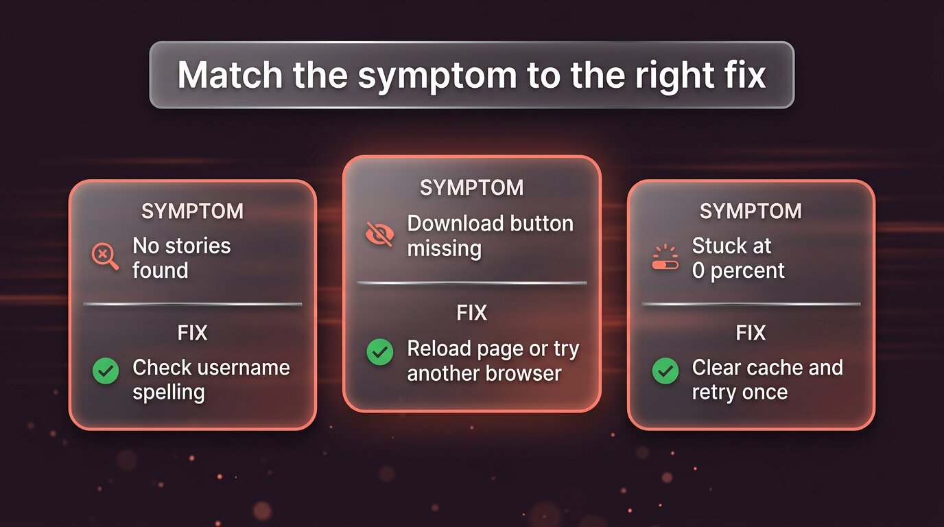 Symptom-to-fix mapping for story download failures