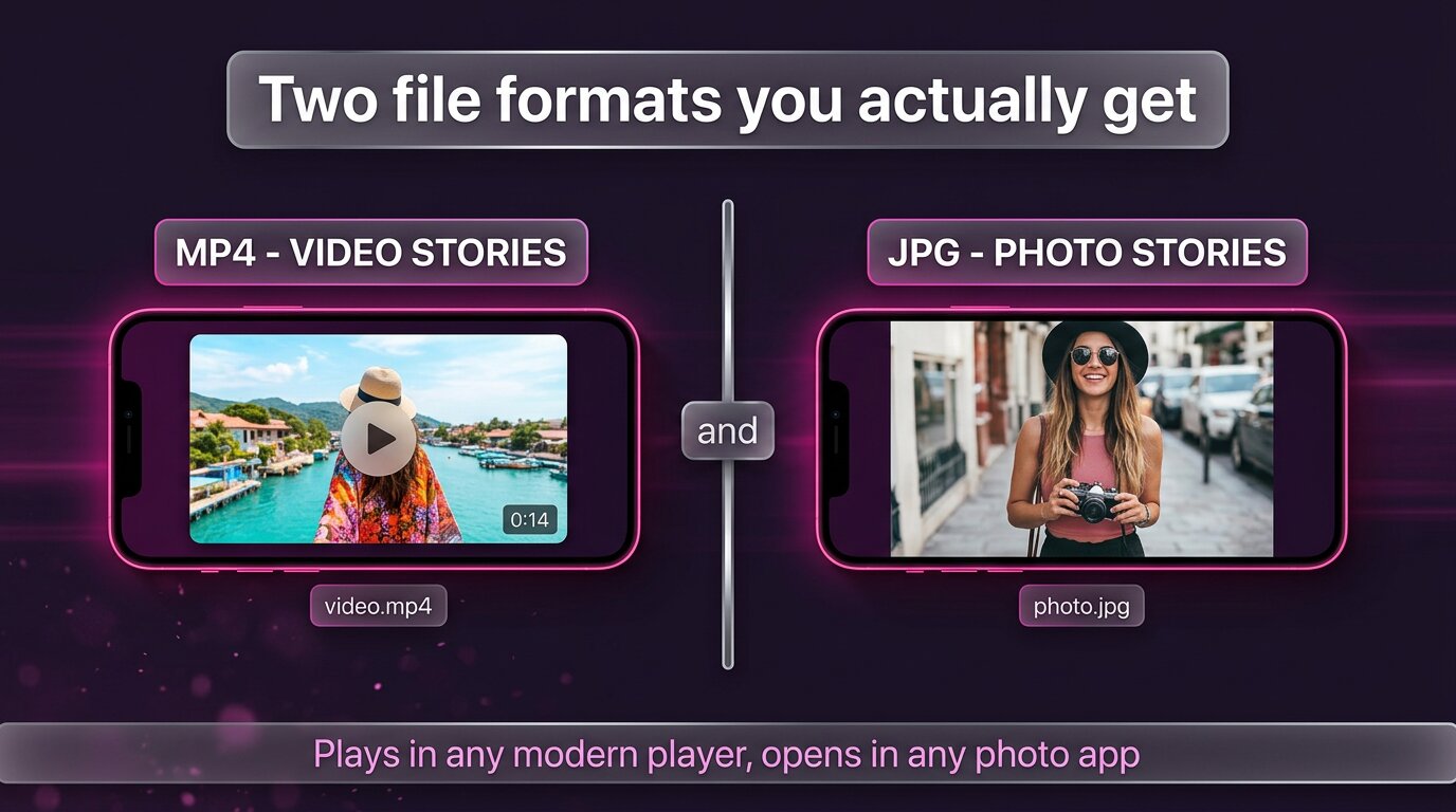 Two file formats from Instagram story downloads - MP4 video and JPG photo