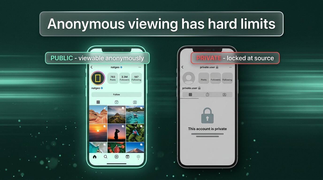 Anonymous viewing works on public accounts only, not private